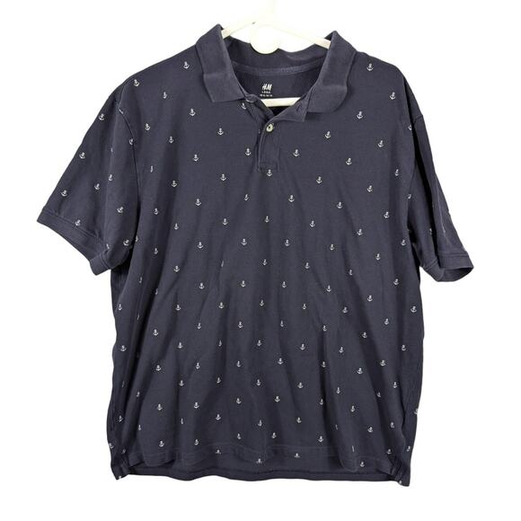 H & M Shirt Mens Extra Large Navy Blue All over Anchor print Coastal Beachy - Picture 1 of 10